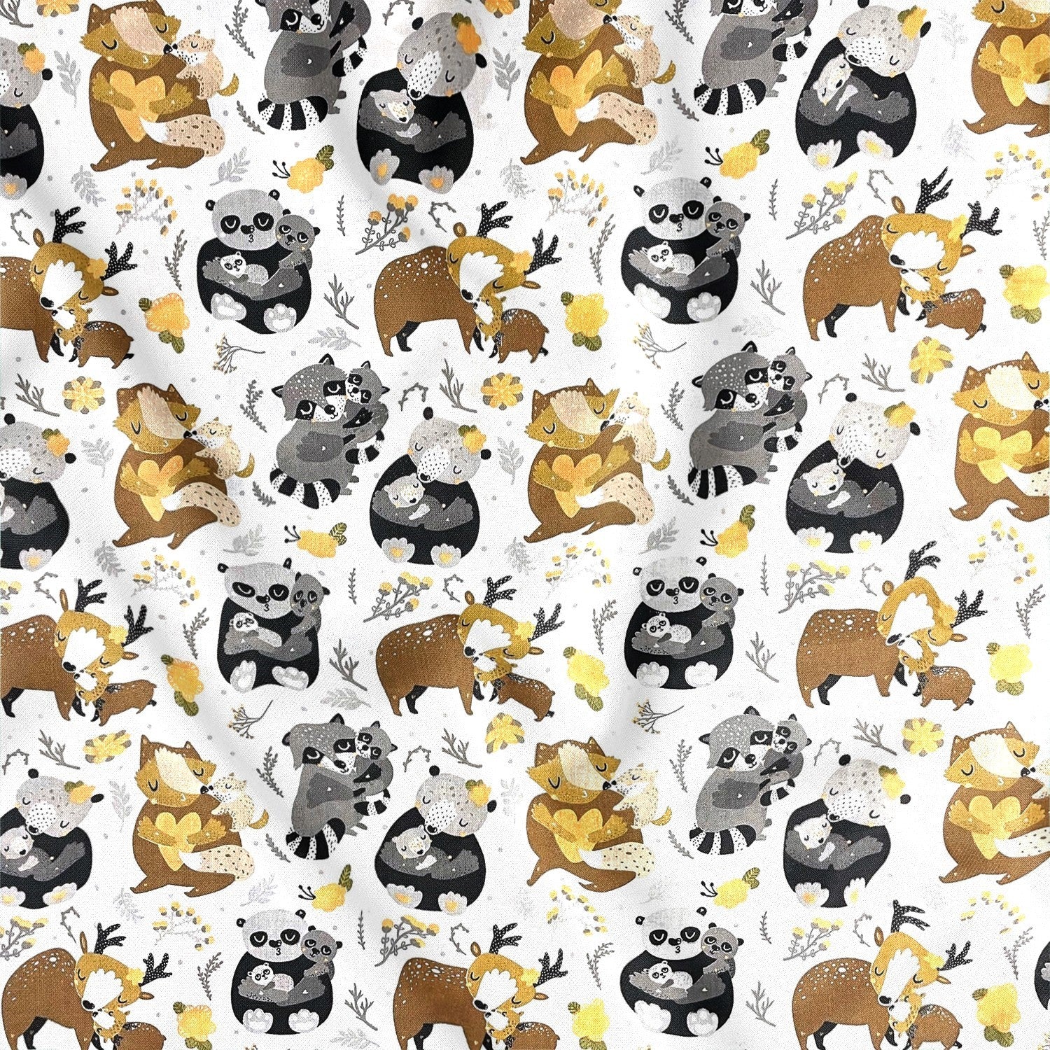 Cotton Fabric - Animals Raccoons in the Forest