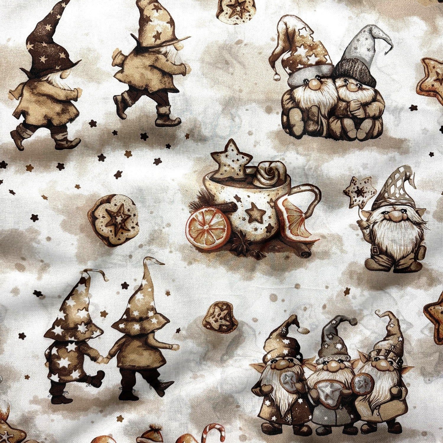 Cotton Fabric - Beige gnomes and decorations