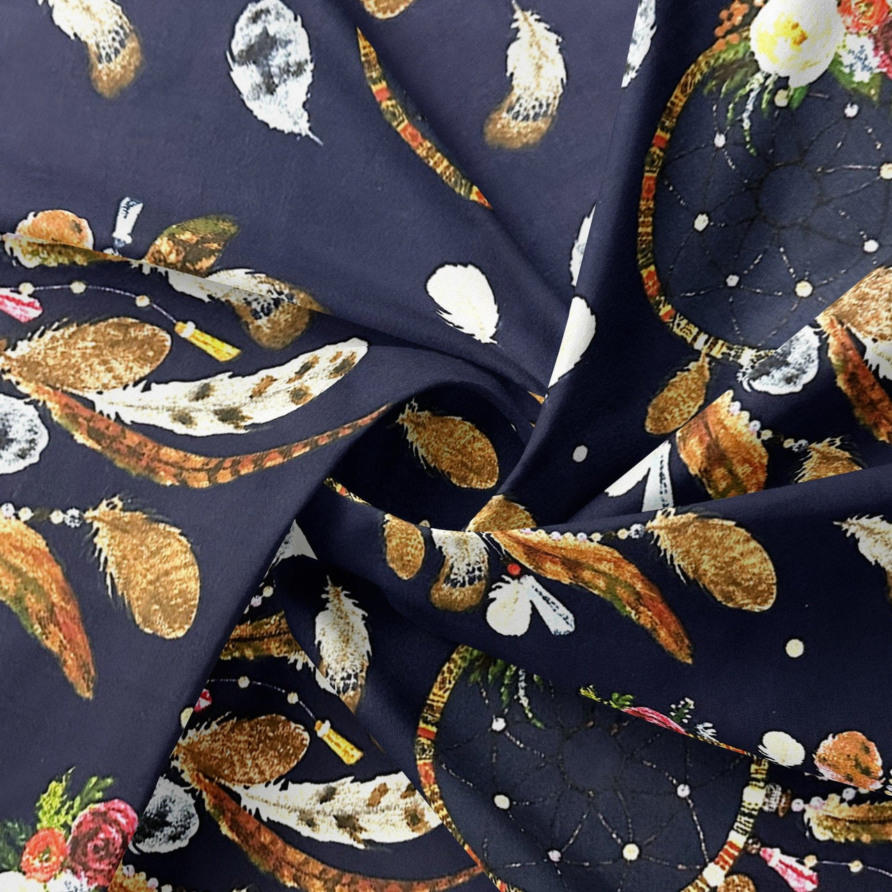 Cotton Fabric - Big Brown Dream Catchers on Navy Blue