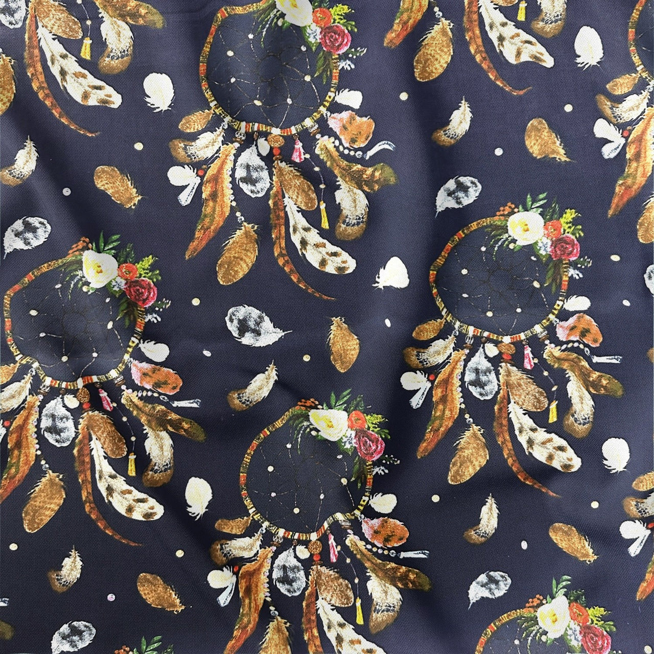 Cotton Fabric - Big Brown Dream Catchers on Navy Blue