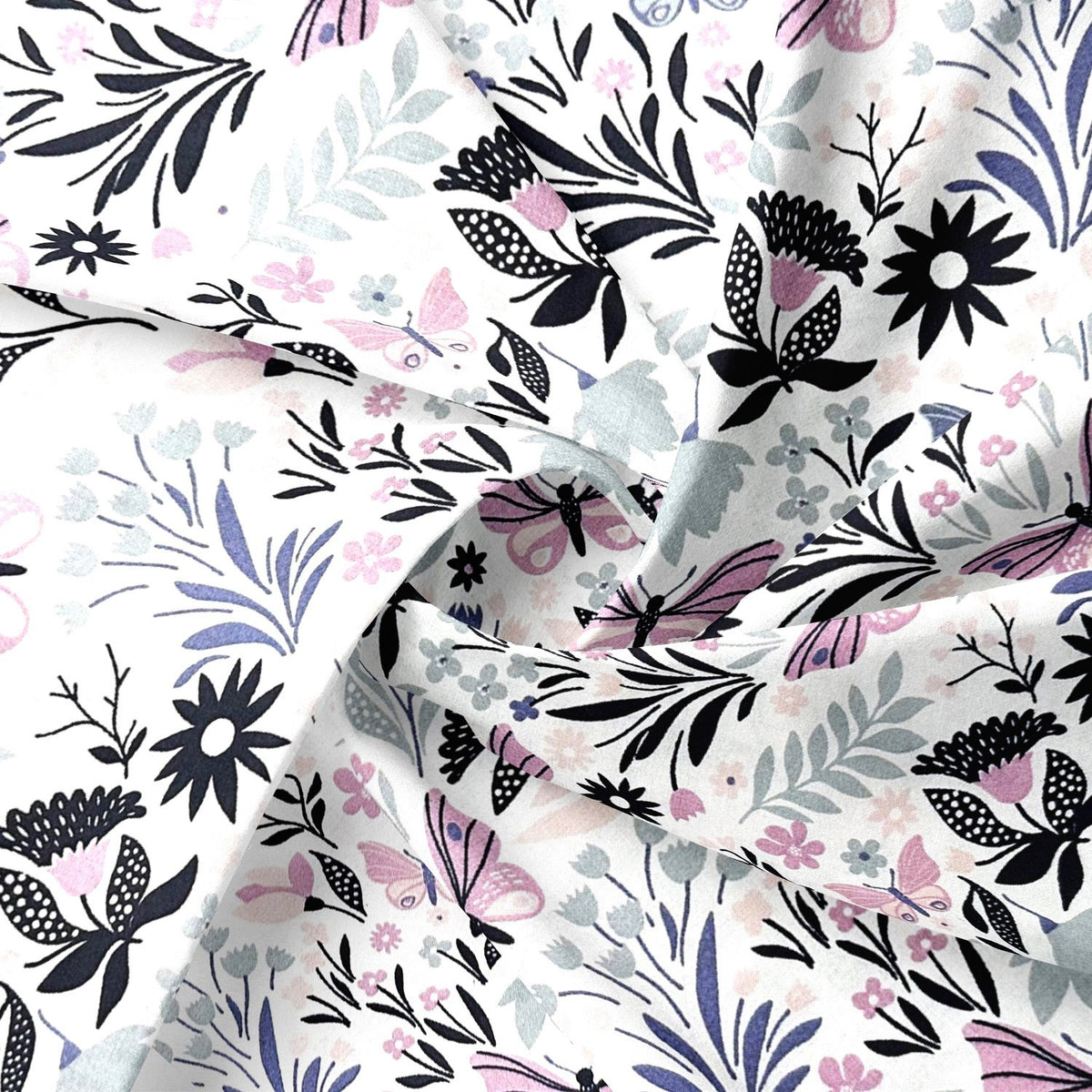 Cotton Fabric - Butterflies, Purple and pink