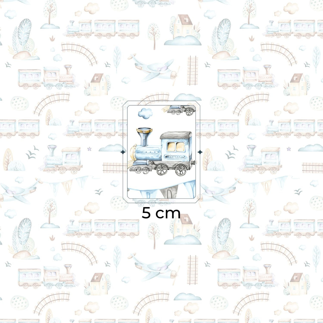 Cotton Fabric - Choo-choos Planes and Houses, Gray