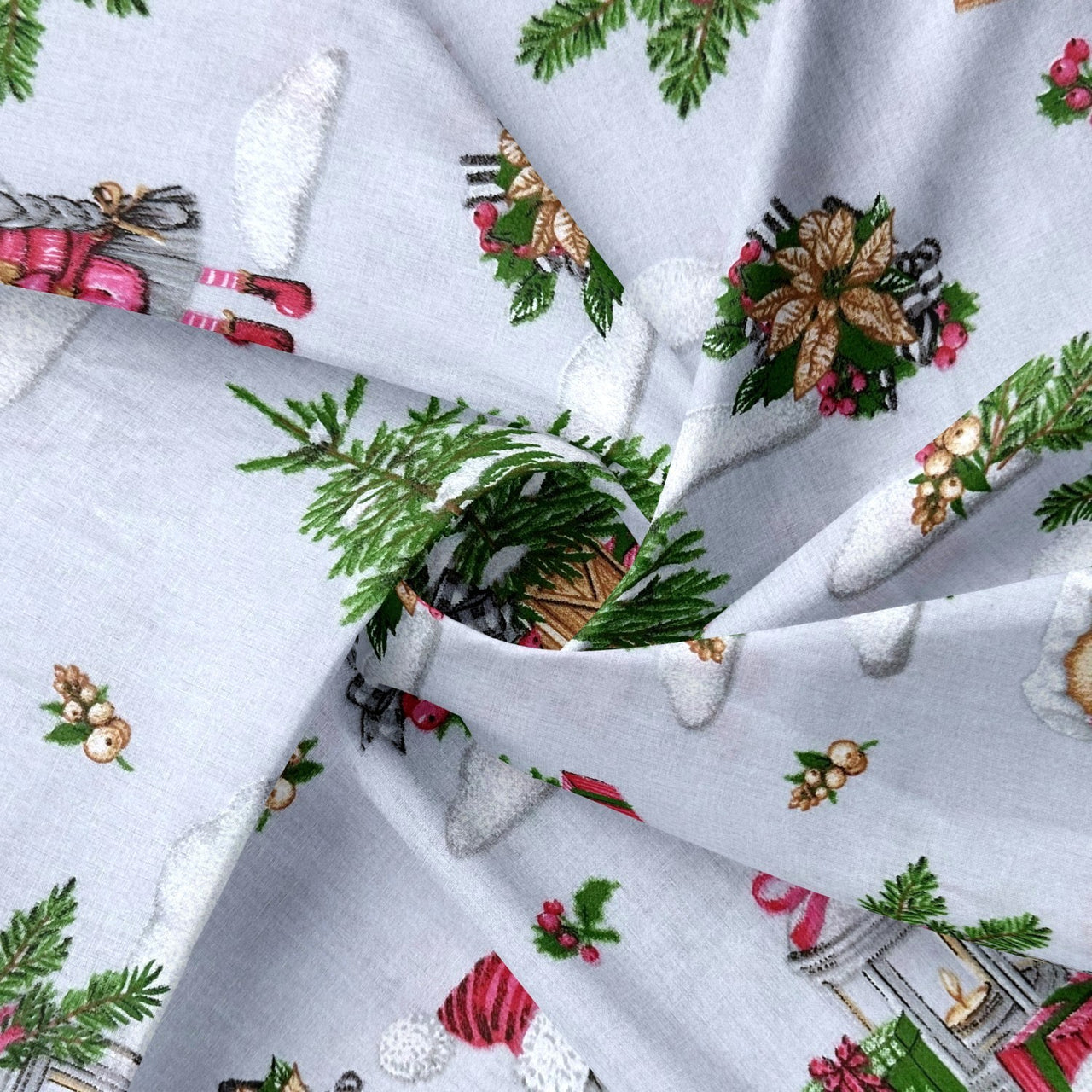 Cotton Fabric - Christmas Gnomes, Light Gray