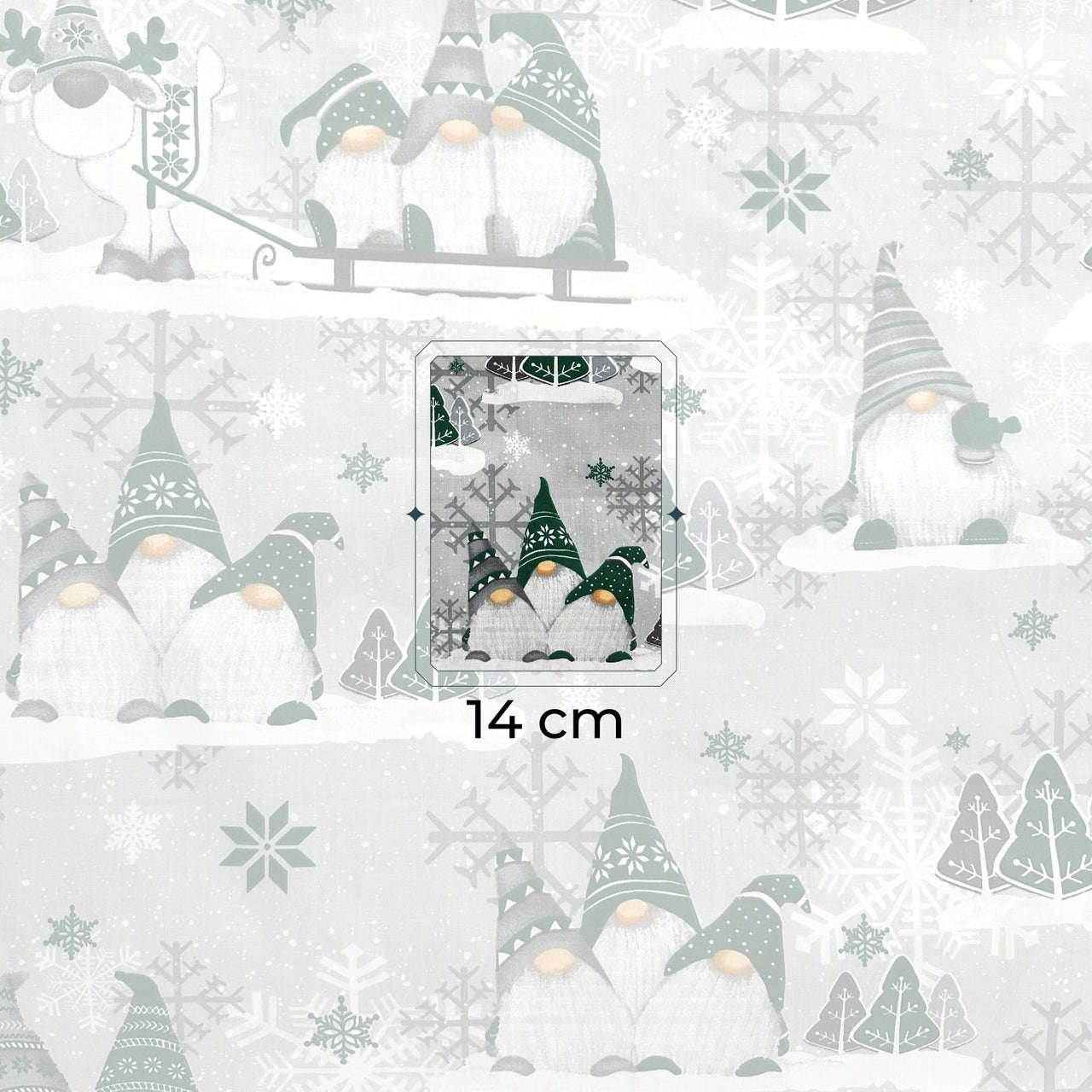 Cotton Fabric - Christmas Green Gnomes and Snowflakes on Gray