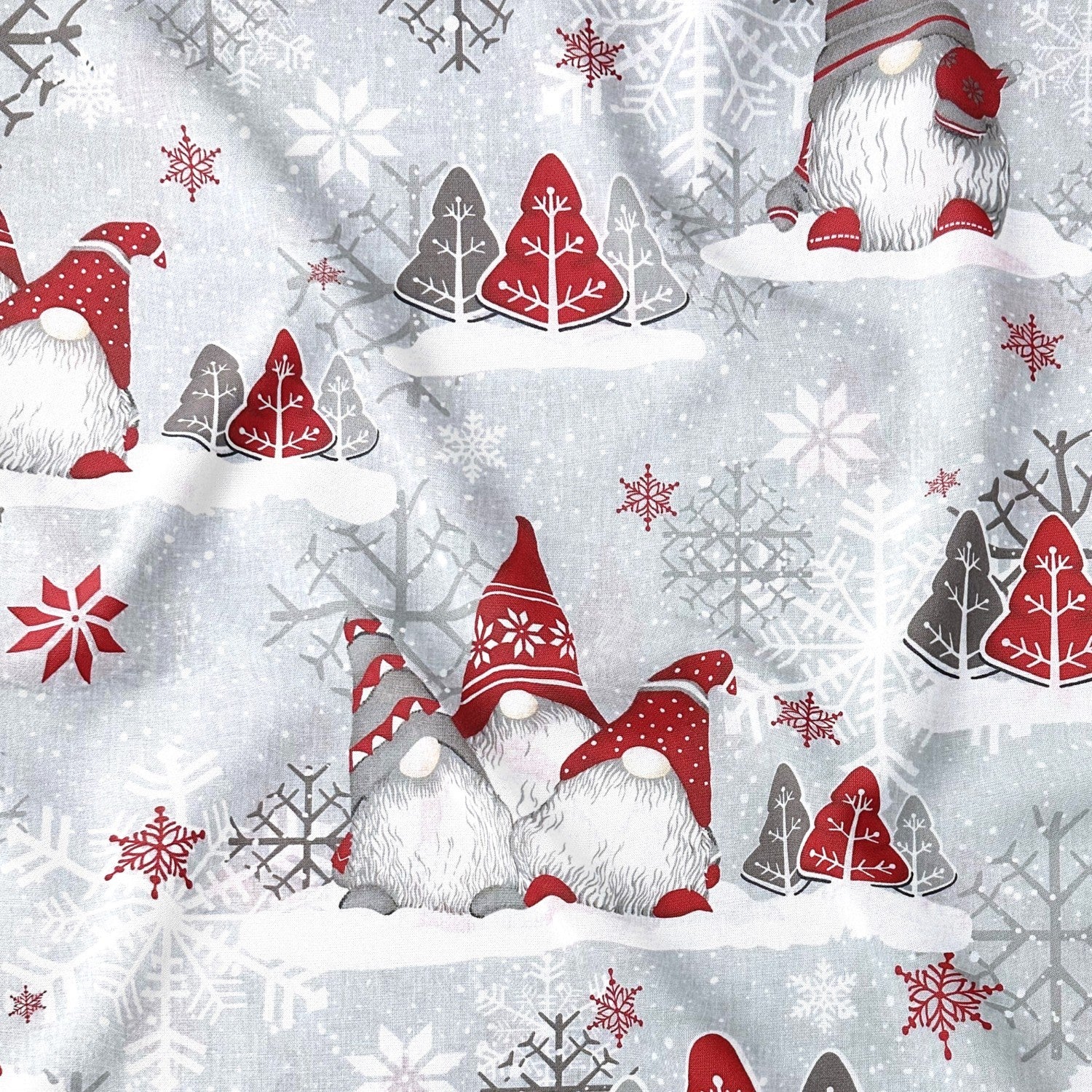Cotton Fabric - Christmas Red Gnomes and Snowflakes on Gray