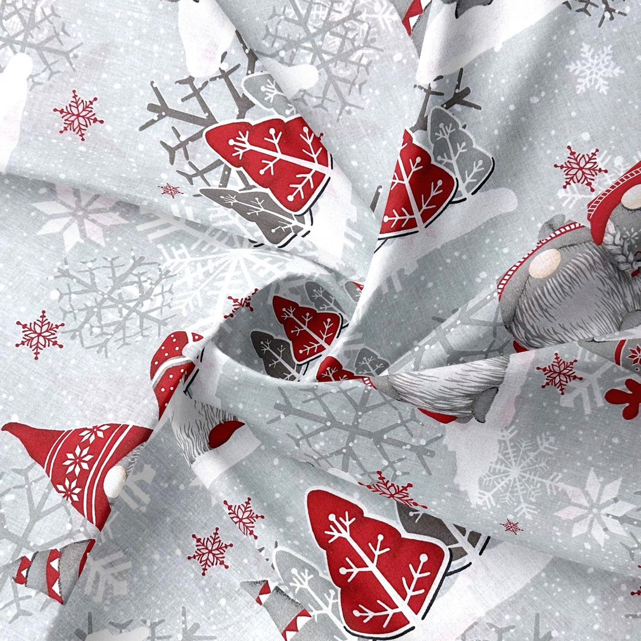 Cotton Fabric - Christmas Red Gnomes and Snowflakes on Gray