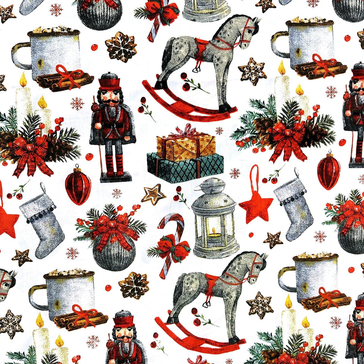 Cotton Fabric - Christmas rocking white