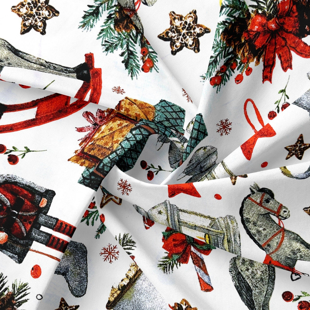 Cotton Fabric - Christmas rocking white