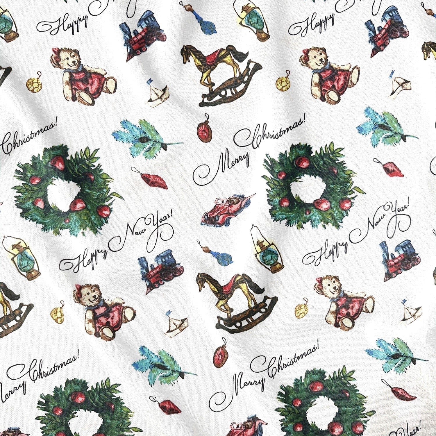 Cotton Fabric - Christmas train, decoration and teddy bear