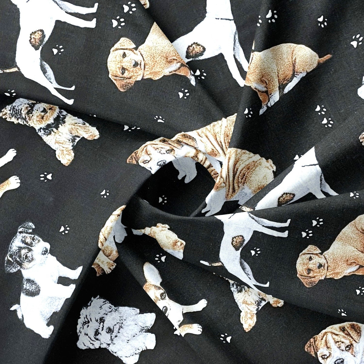 Cotton Fabric - Dogs and Paws on Black