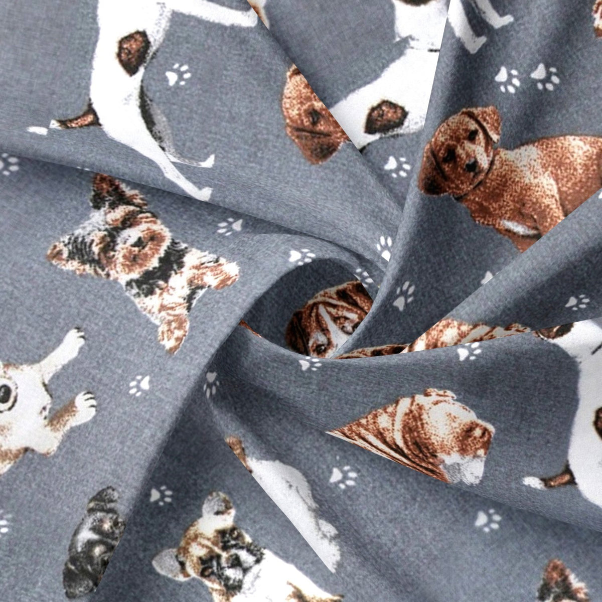 Cotton Fabric - Dogs and Paws on Gray