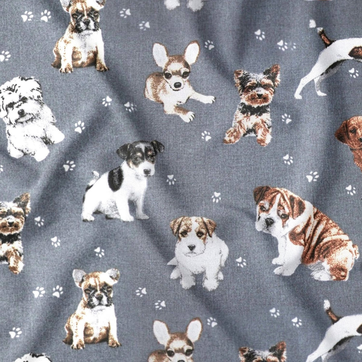 Cotton Fabric - Dogs and Paws on Gray