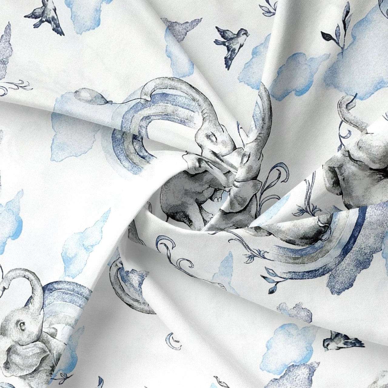Cotton Fabric - Elephants, Blue