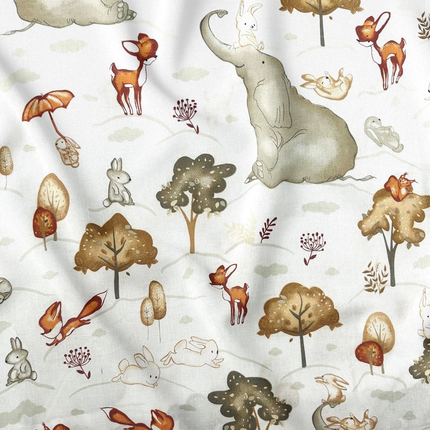 Cotton Fabric - Elephants with animals, beige