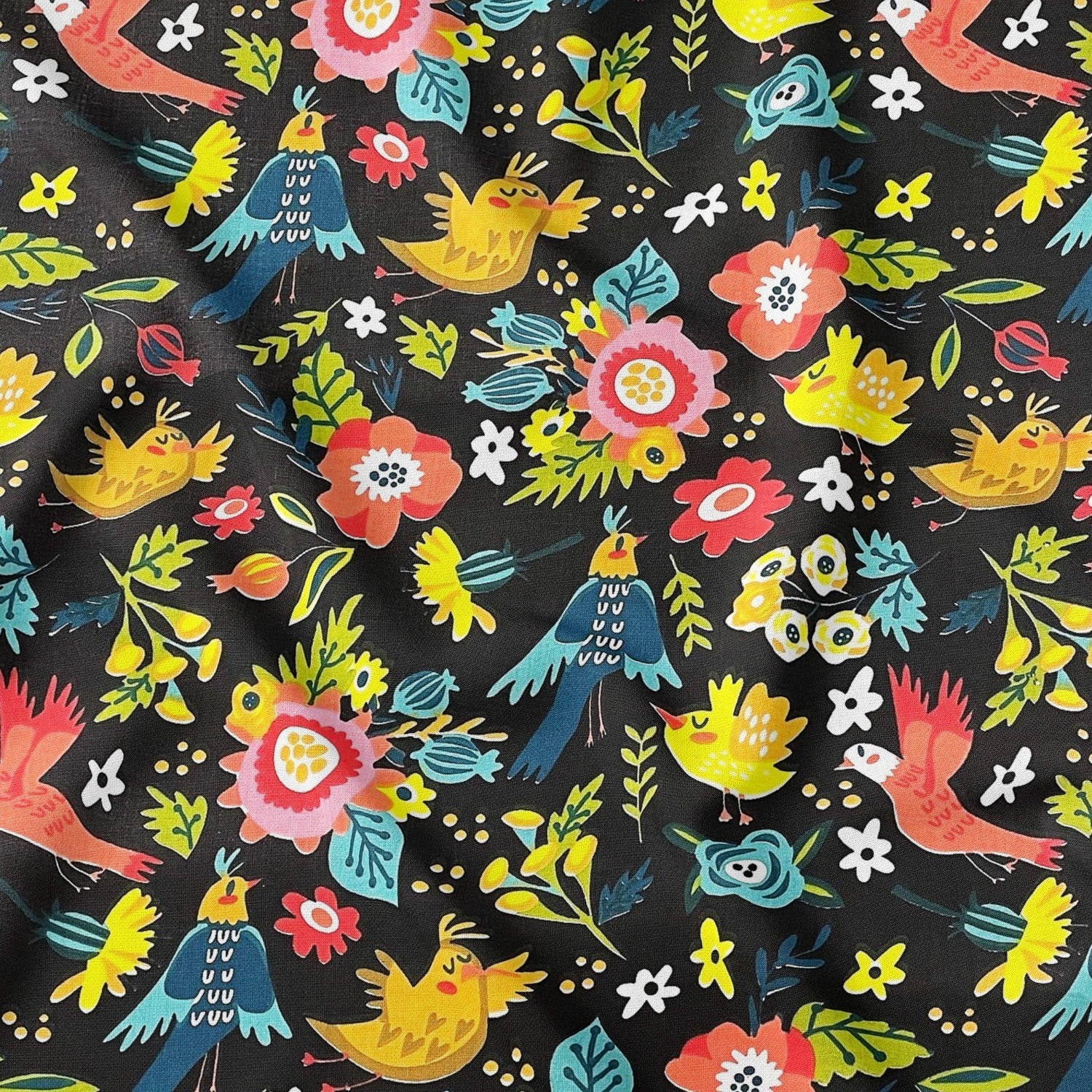 Cotton Fabric - Folklore Hens on Black Background