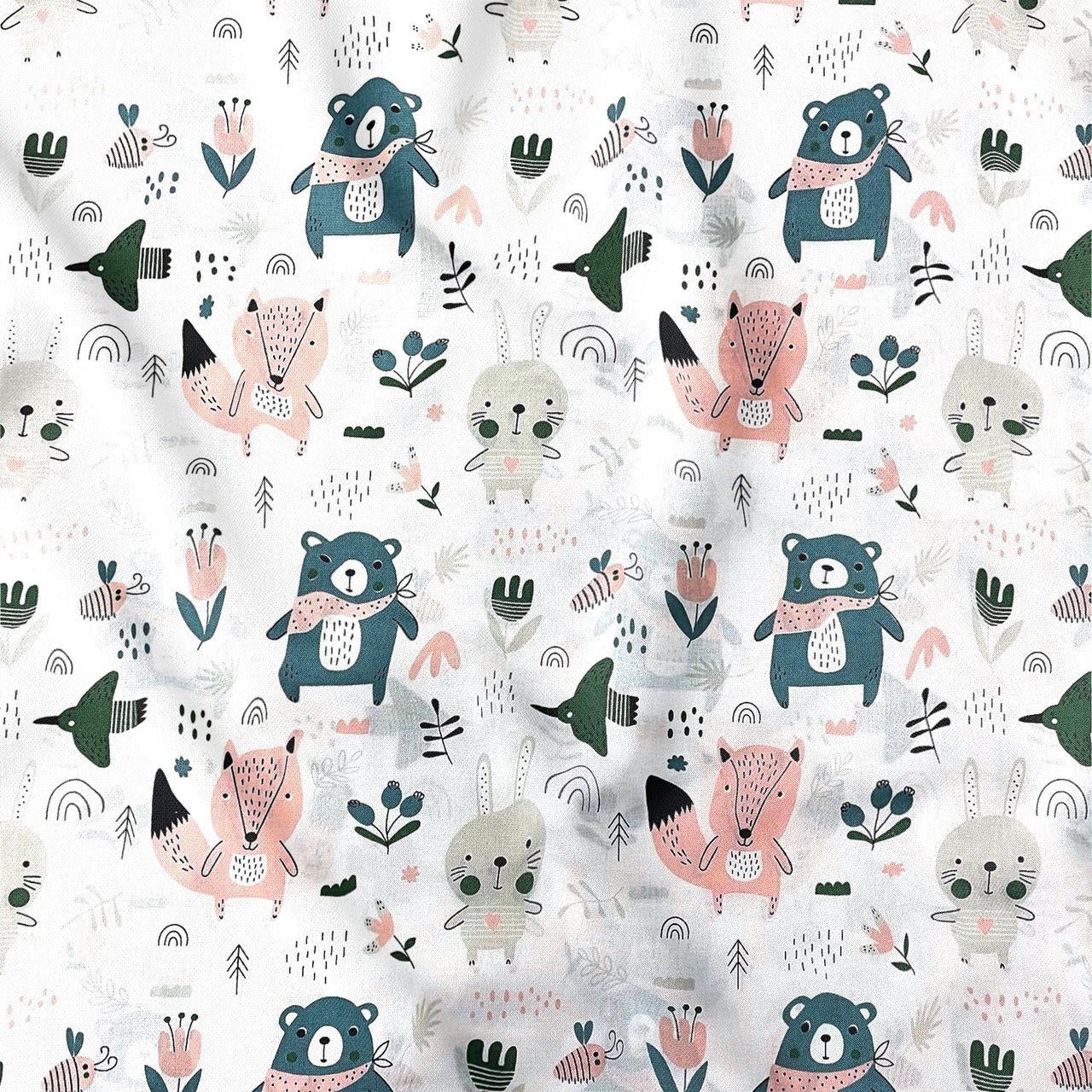 Cotton Fabric - Forest Animals emerald and white