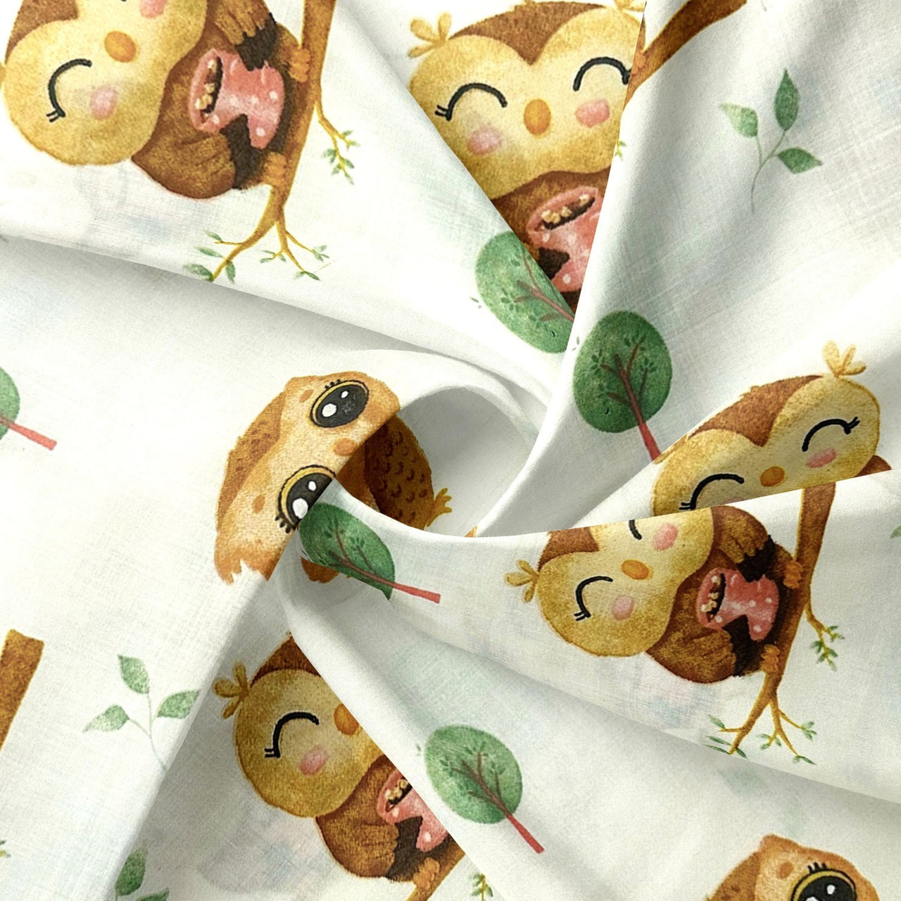 Cotton Fabric - Forest Owls on Ecru