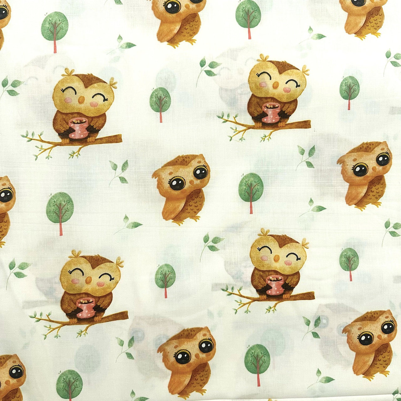 Cotton Fabric - Forest Owls on Ecru