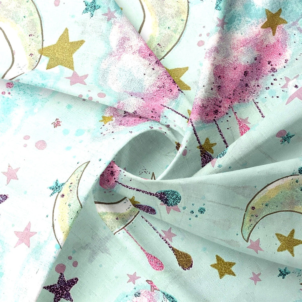 Cotton Fabric - Moons and Clouds, Mint