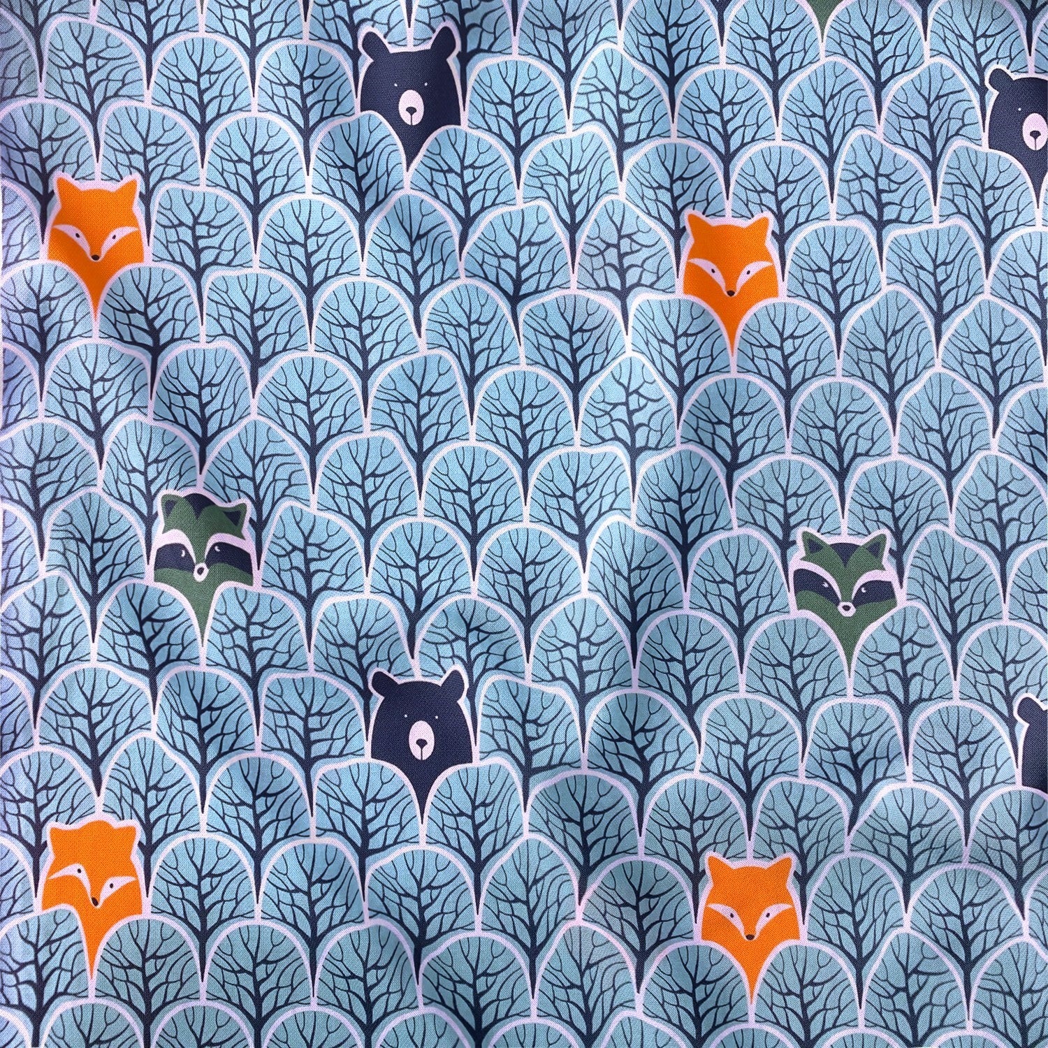 Cotton Fabric - Peek-A-Boo in the Forest Bear and Raccoon Mint