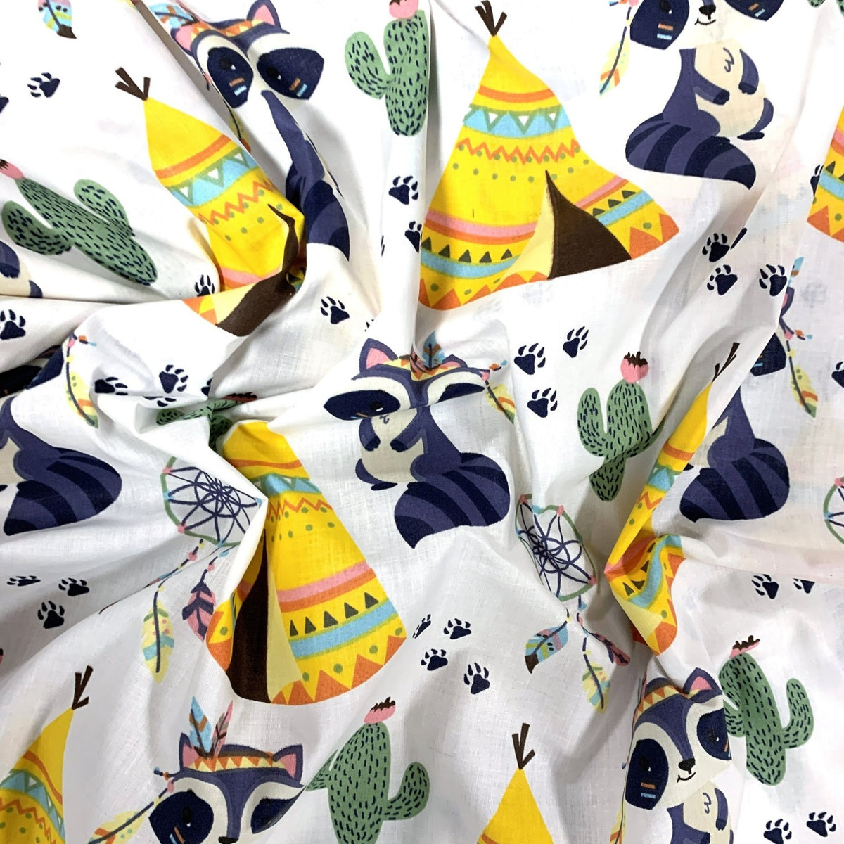 Cotton Fabric - Raccoon and Teepees