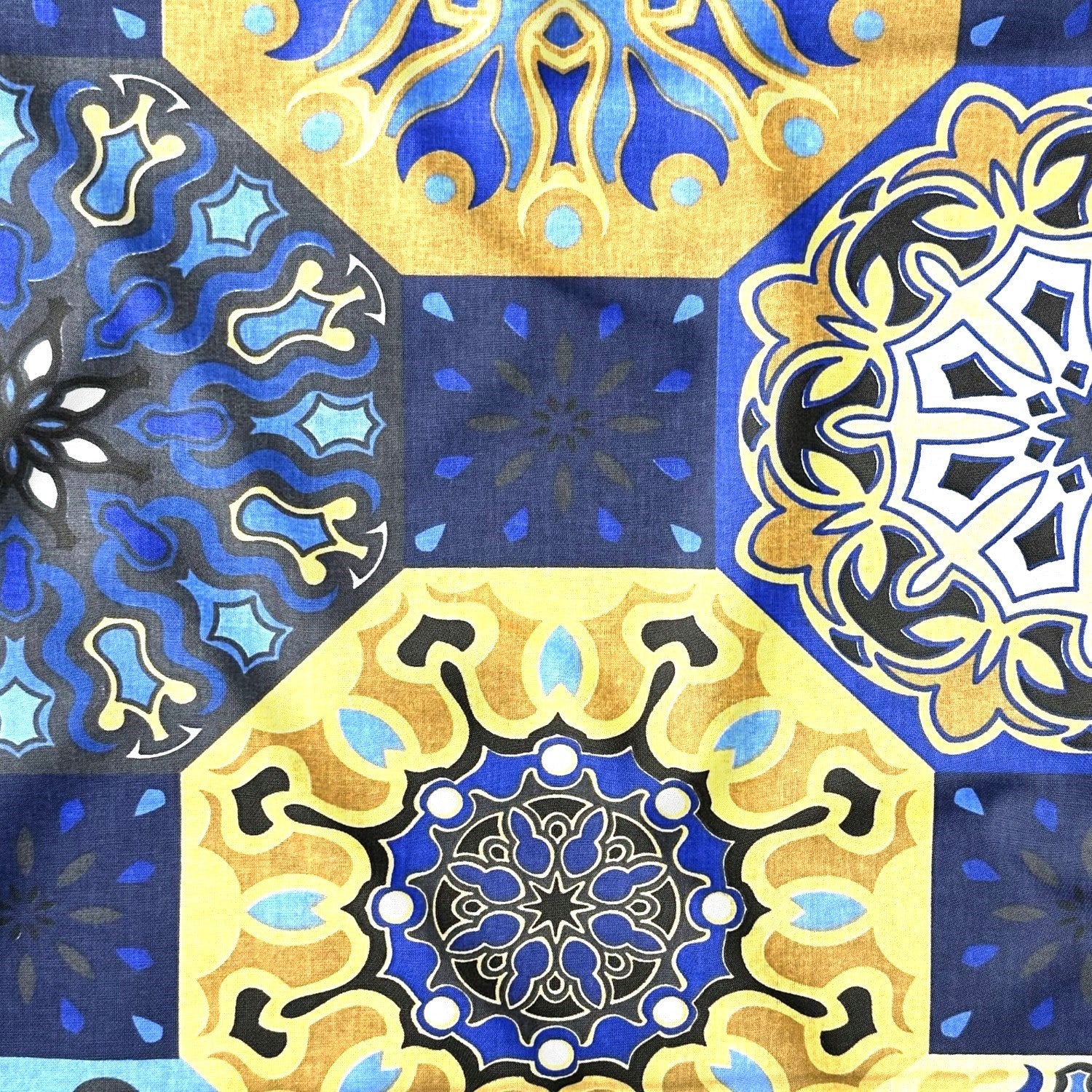 Cotton Fabric - Spanish Pattern, Gold and Navy blue