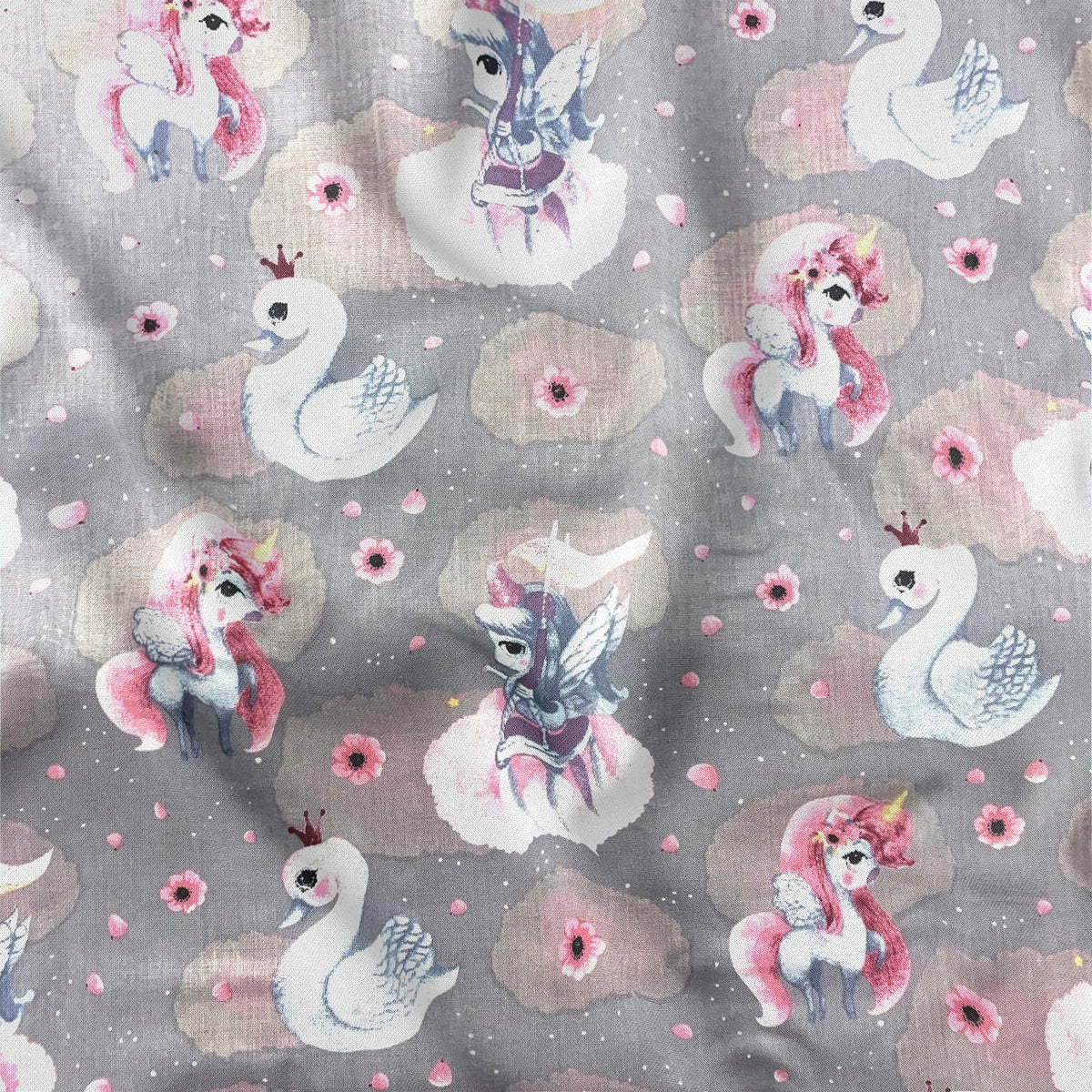 Cotton Fabric - Unicorns and Swans Grey