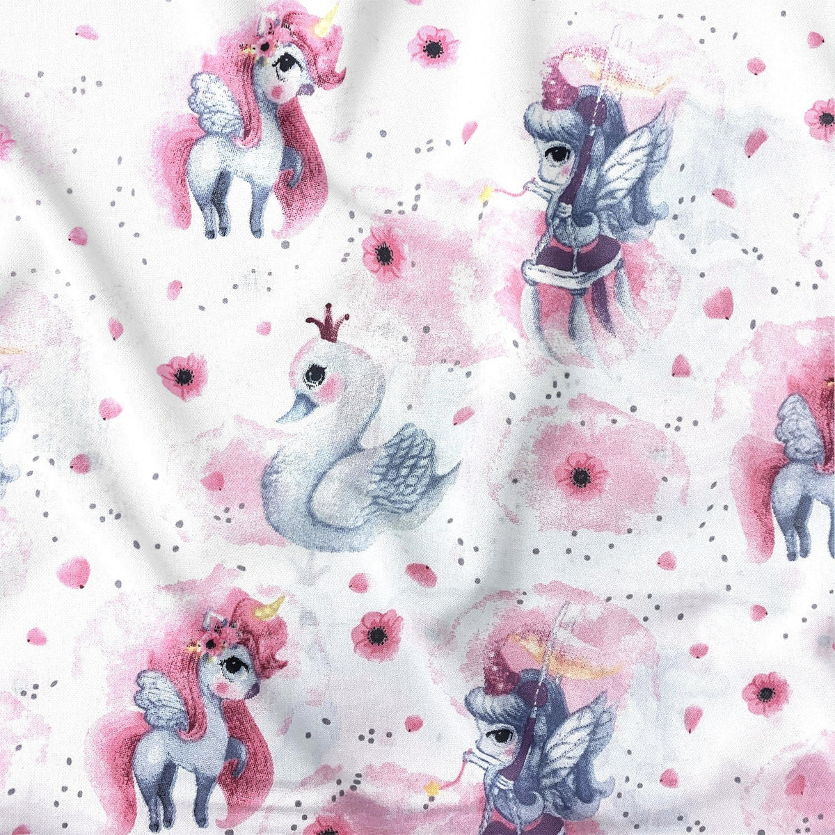 Cotton Fabric - Unicorns and Swans on White