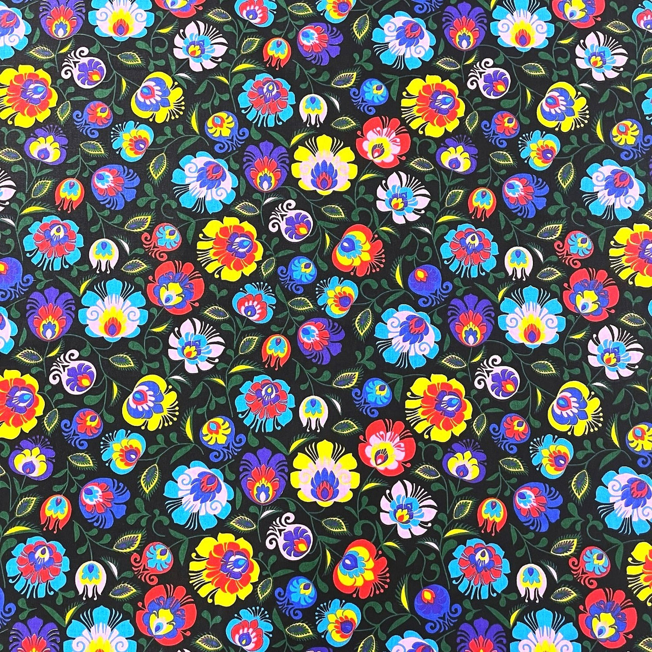 Cotton Fabric - Łowicz Folklore Pattern Black
